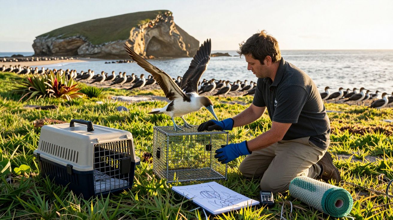 Investigador liberta ave com luvas azuis numa praia, rodeado por gaiolas e aves ao pôr do sol.
