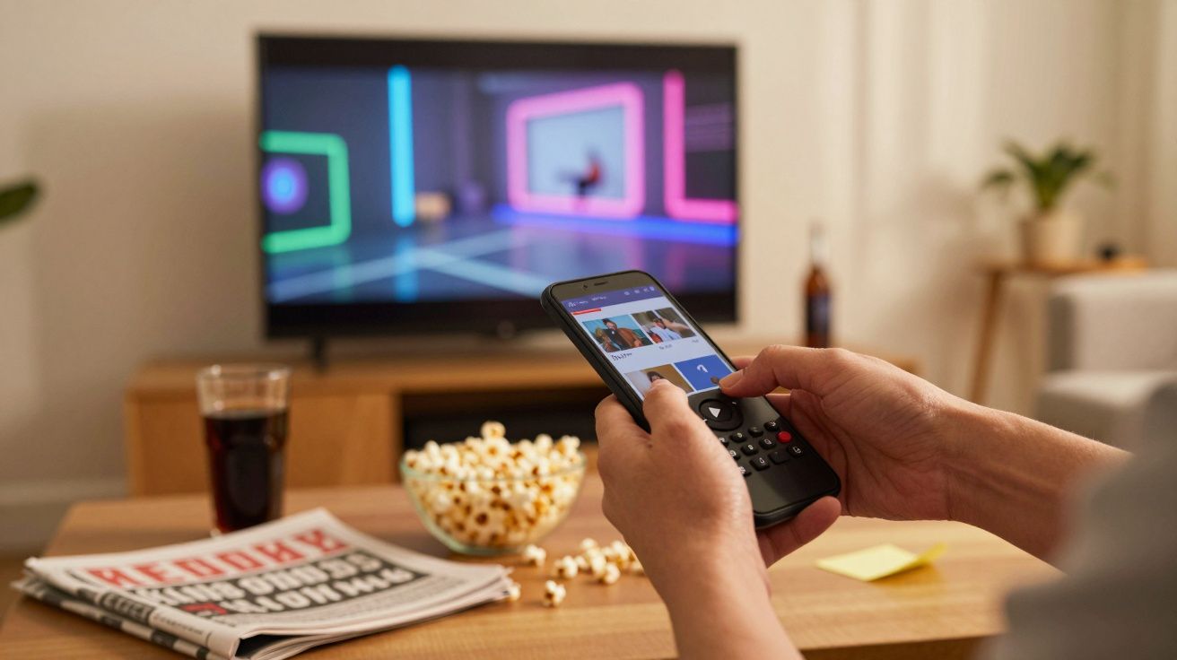 Pessoa segurando comando remoto enquanto vê televisão em sala de estar com pipocas e jornal na mesa.