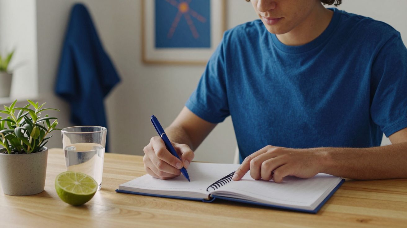 Pessoa a escrever num caderno numa mesa com copo de água e limão, ao lado de planta verde.