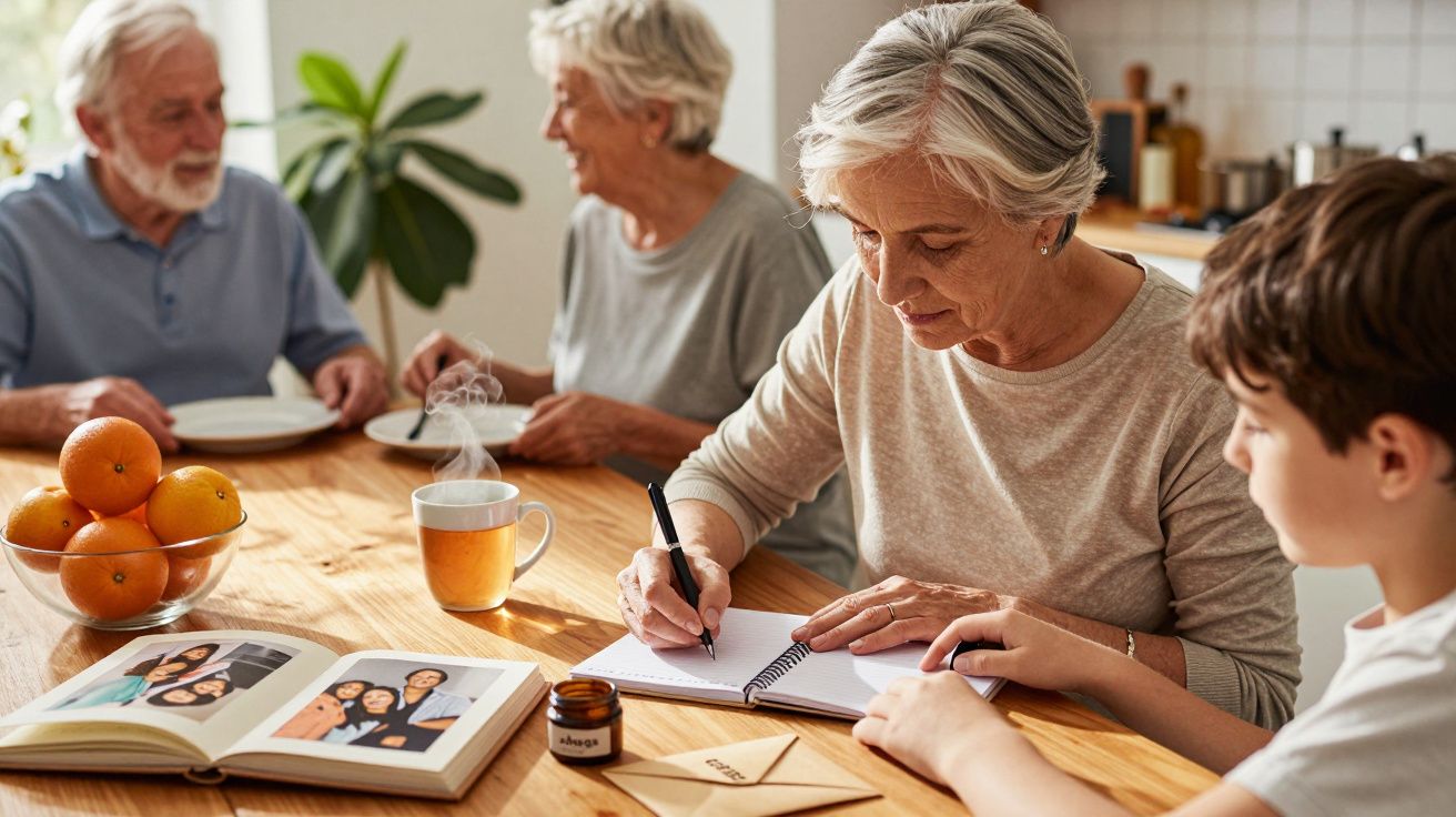 Senhora idosa escreve em caderno com criança ao lado, enquanto casal de idosos ao fundo toma chá.