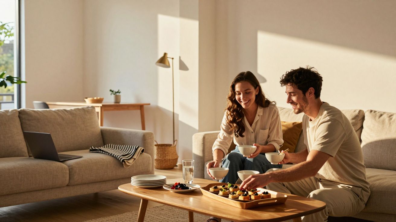 Casal sorridente toma chá e doces num sofá em sala iluminada com luz natural.