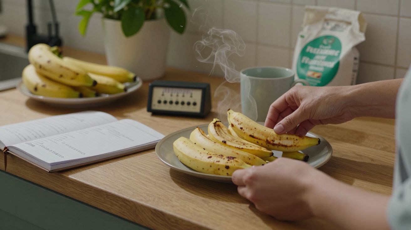 Mãos a segurar fatias de banana cozinhadas num prato, ao lado de um livro, cronómetro e bananas inteiras na cozinha.