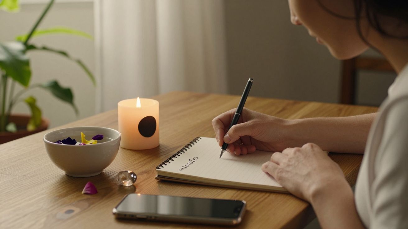 Mulher escreve num bloco de notas numa mesa de madeira com vela acesa, planta, taça de pétalas e telemóvel.