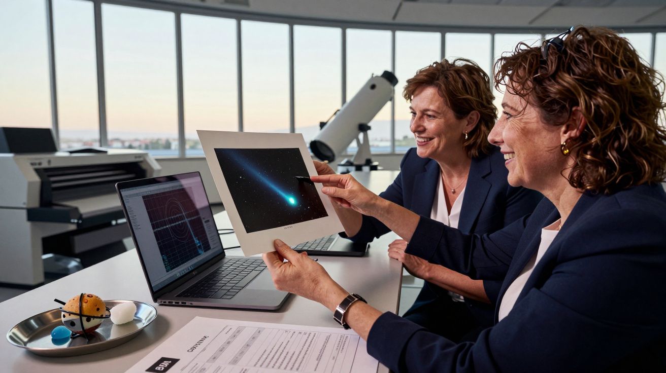 Duas mulheres analisam a imagem de um cometa num escritório moderno com telescópio e computadores.
