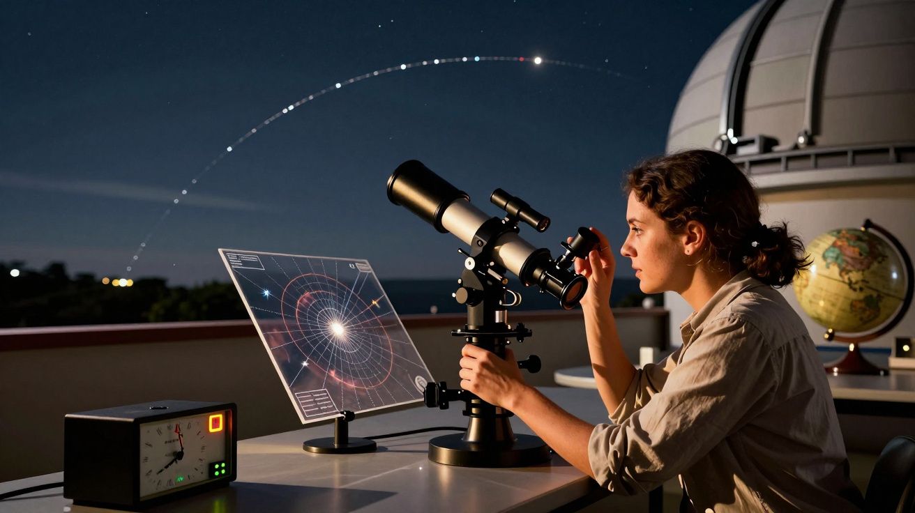 Mulher observa o céu noturno através de um telescópio num observatório, com um mapa estelar iluminado ao lado.