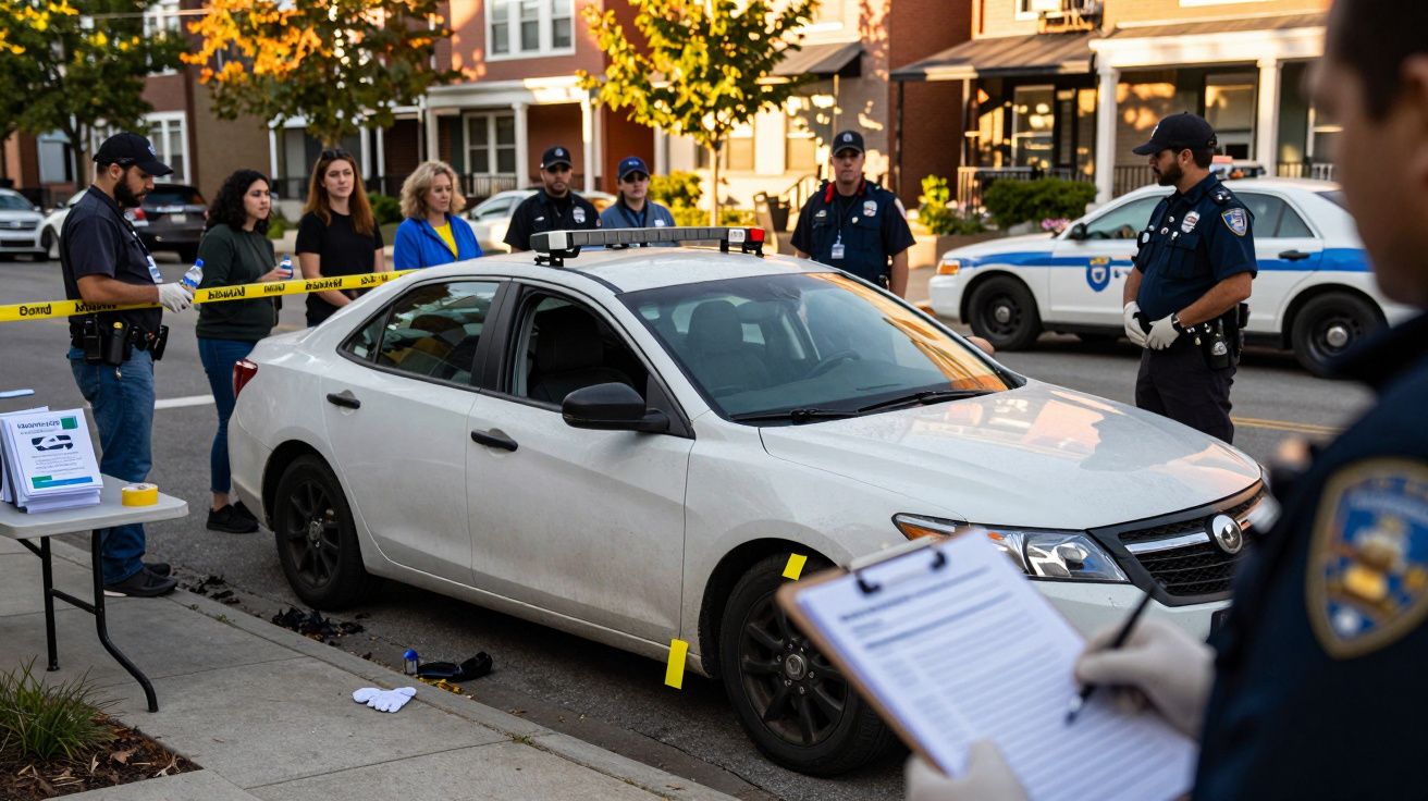 Cena de investigação policial ao redor de um carro branco, com fita de isolamento e agentes à volta do veículo.