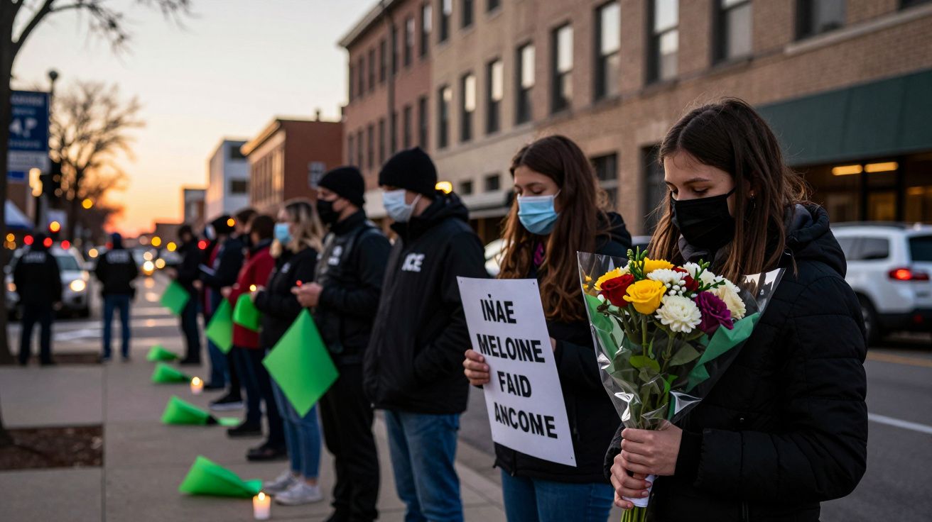 Pessoas com máscaras em vigília ao ar livre, segurando flores e cartazes, junto a uma rua ao entardecer.
