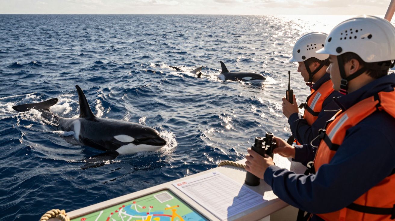 Homens de capacete observam orcas nadando próximas ao barco em mar agitado e ensolarado.