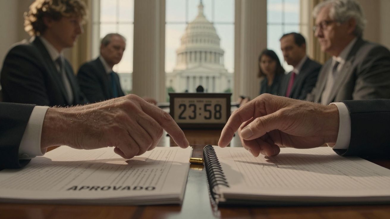 Dois homens apontam para documento aprovado numa mesa de reunião, com o Capitólio ao fundo e um relógio marcando 23:58.