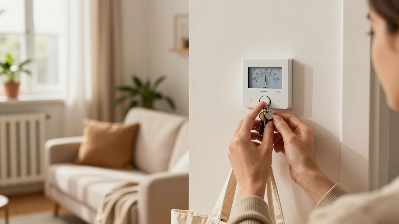 Pessoa ajustando termostato moderno numa sala acolhedora com sofá e plantas ao fundo.