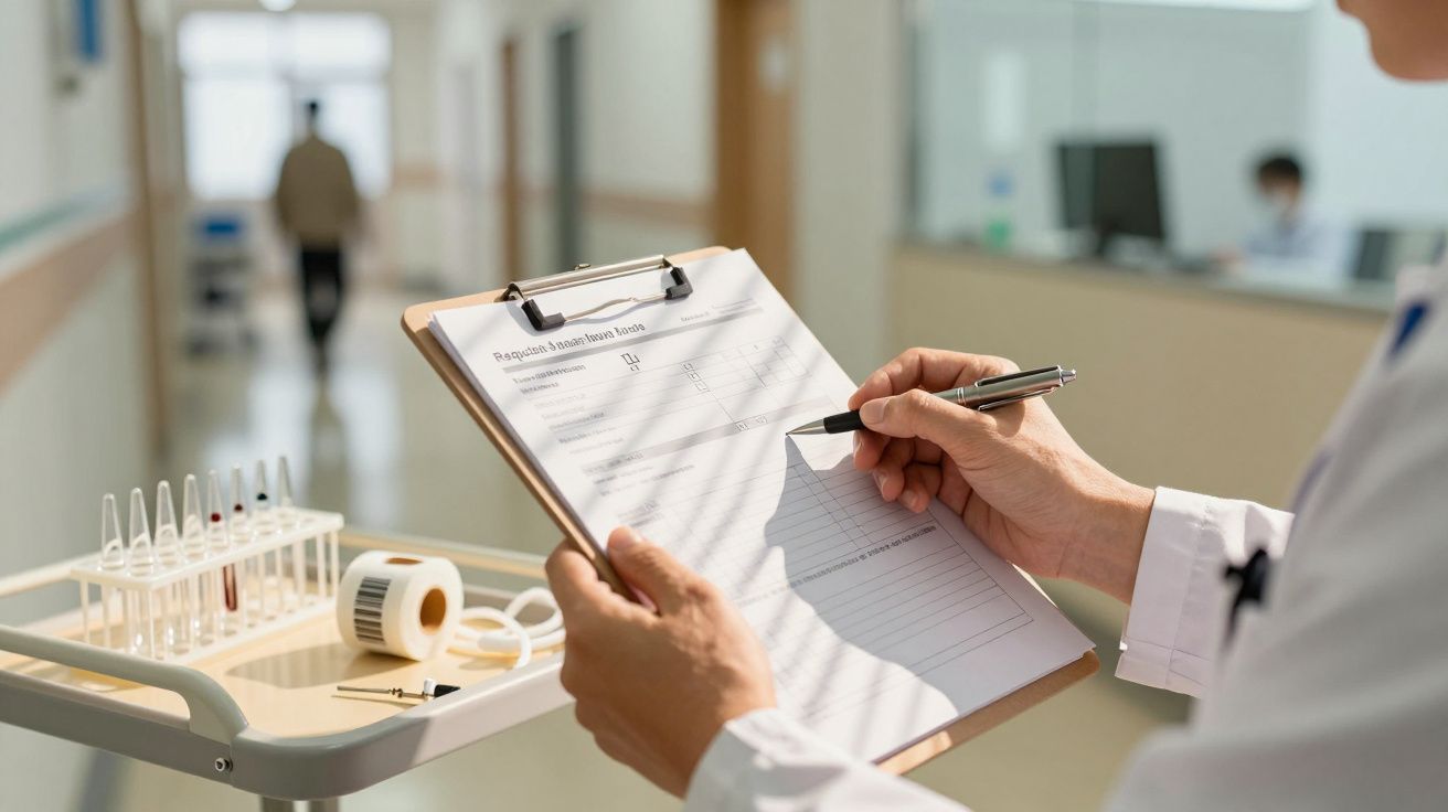 Médico segura um bloco de notas numa clínica, com amostras de sangue num carrinho hospitalar ao lado.