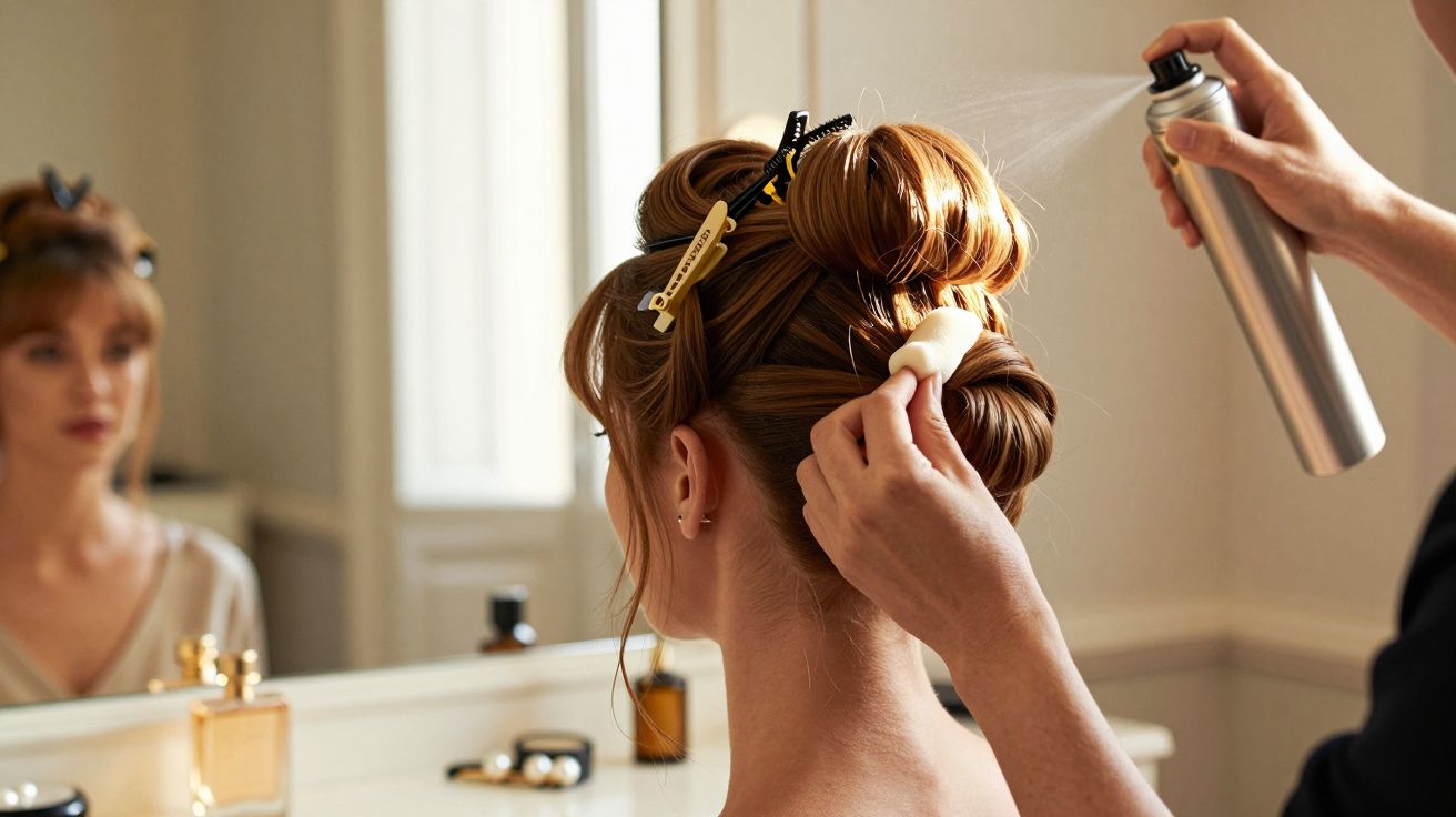 Mulher com cabelo apanhado sendo penteado com spray, frente a um espelho numa casa de banho elegante.