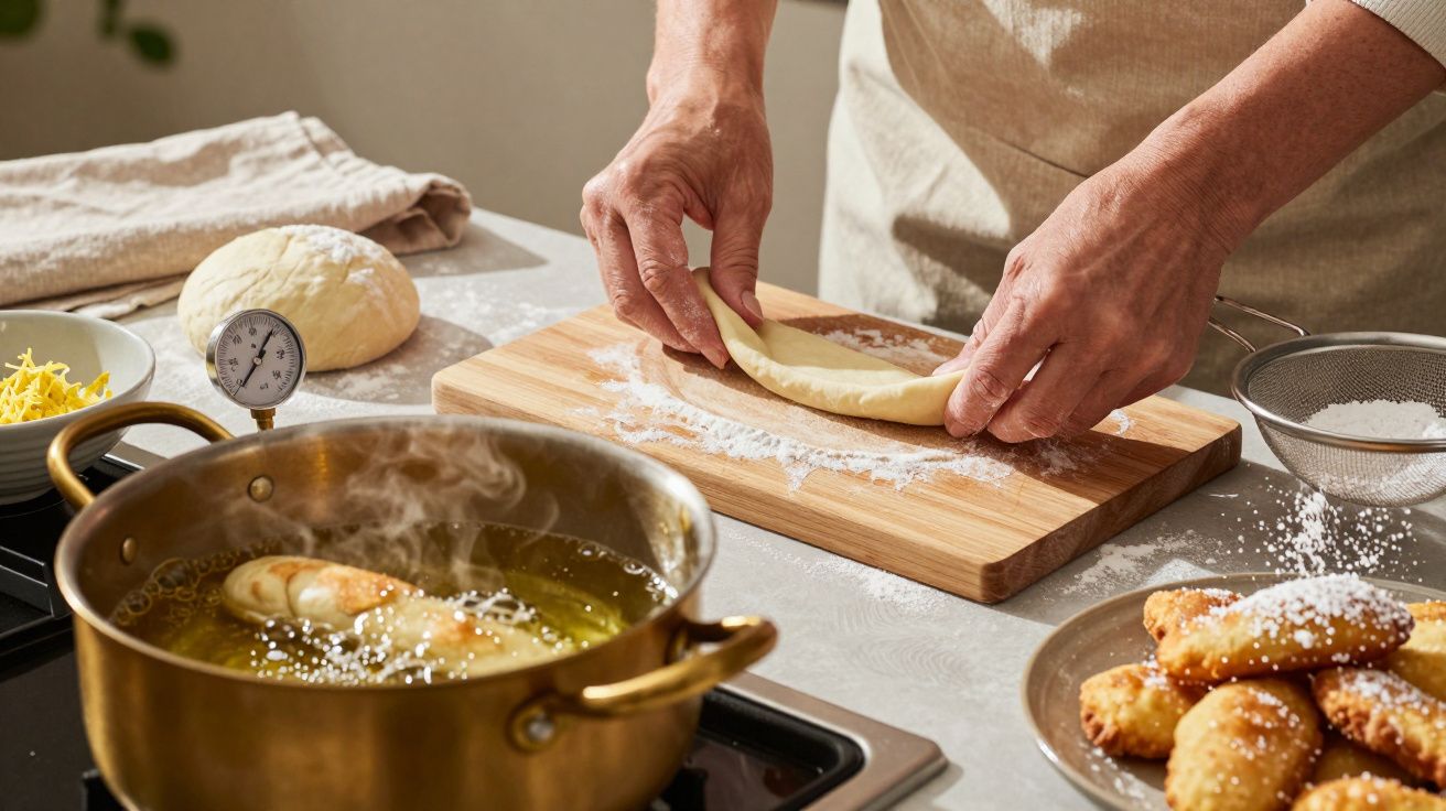 Pessoa a preparar pastéis, a enrolar a massa numa tábua de madeira, com outros a fritar numa panela ao lado.