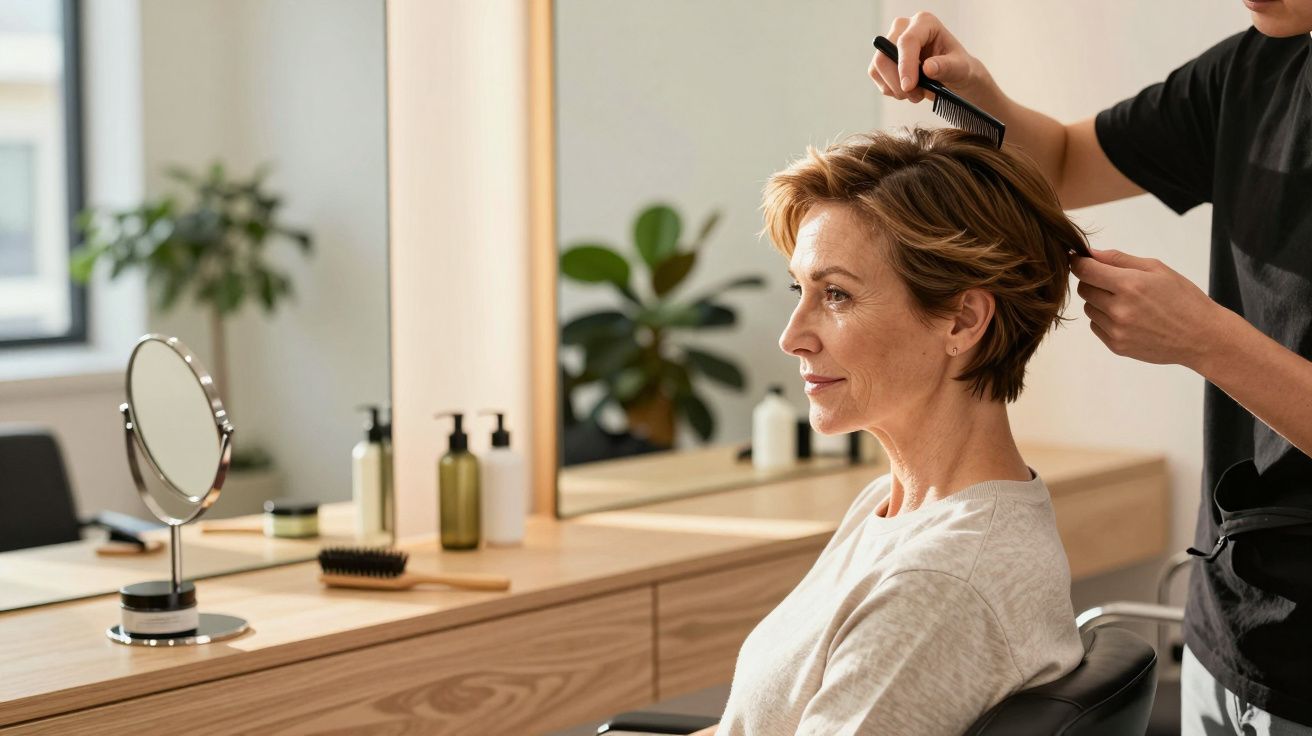Mulher de cabelo curto sendo penteada num salão, sentada em frente a um espelho.