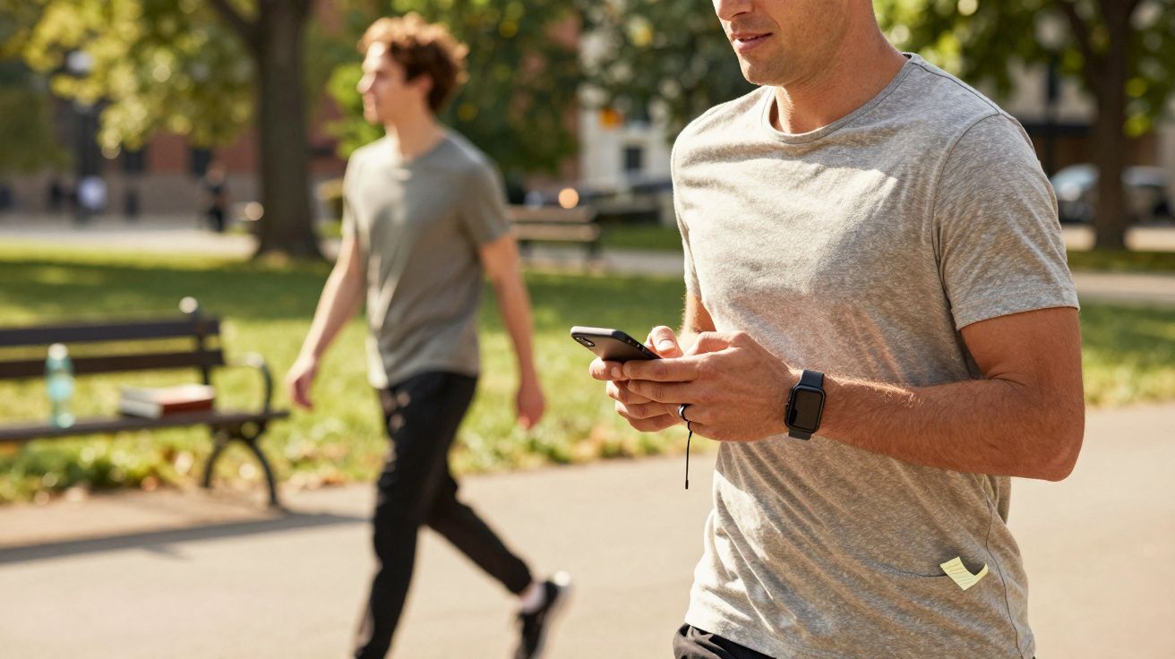 Dois homens num parque, um a caminhar e outro a usar smartphone, árvores e bancos ao fundo.