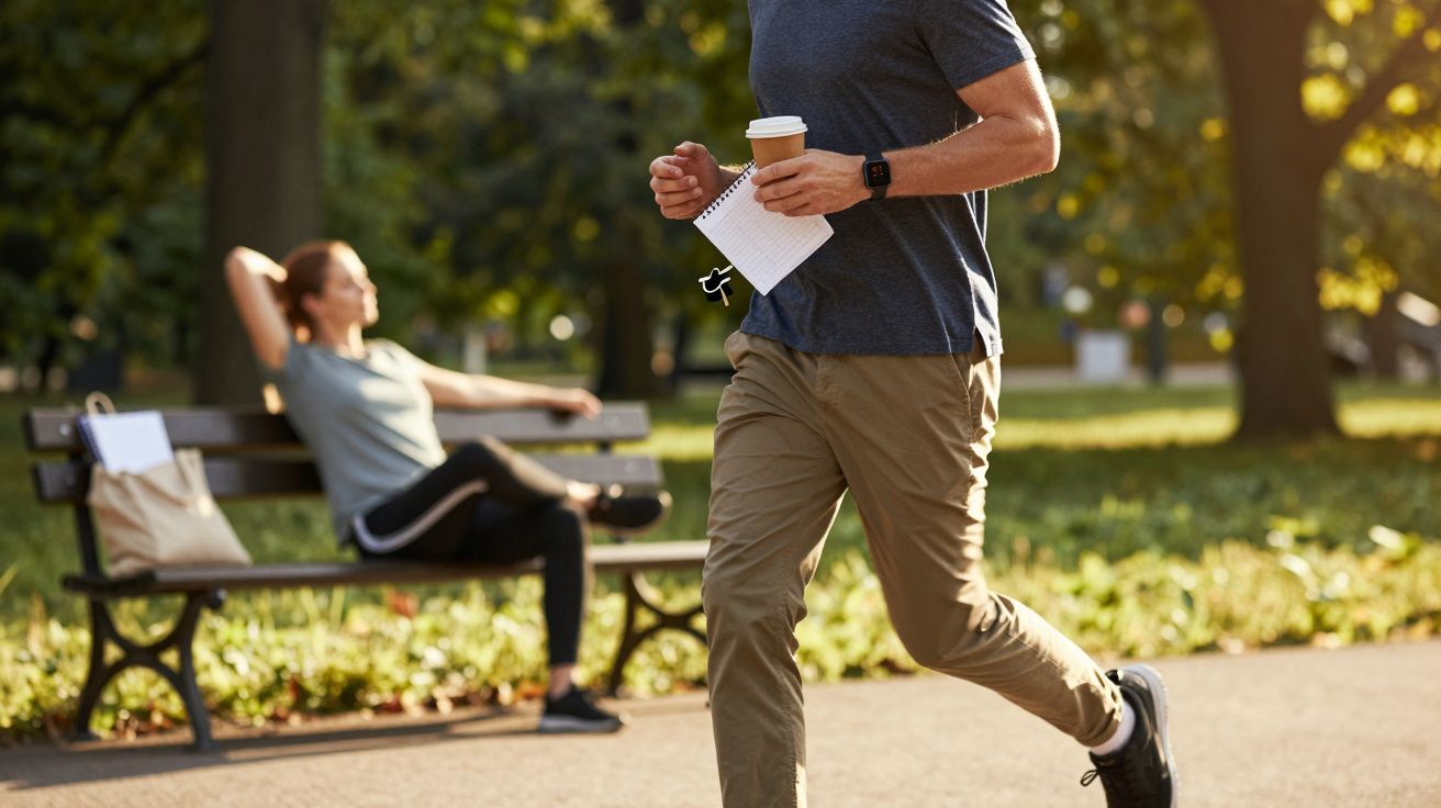 Homem a correr no parque com café na mão; mulher relaxa num banco ao fundo, rodeada de vegetação.