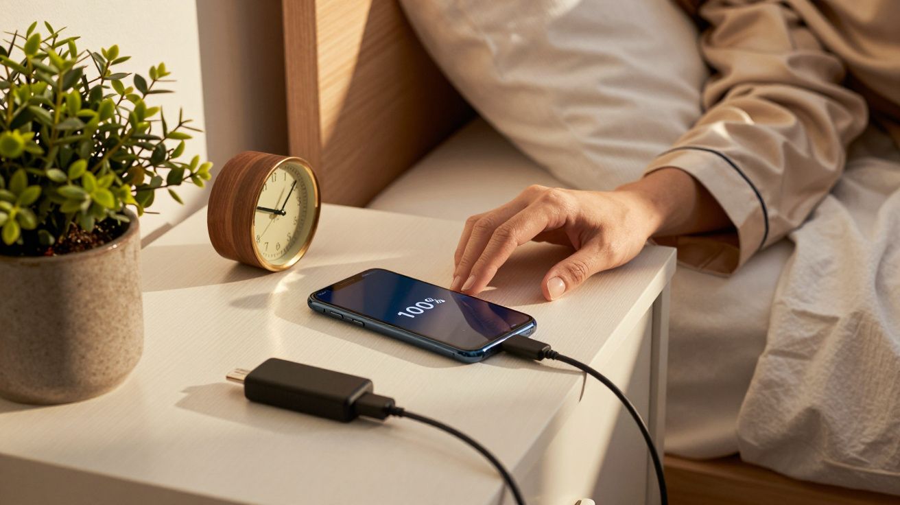 Pessoa toca no telemóvel carregado a 100% sobre a mesa de cabeceira, perto de um relógio e uma planta.