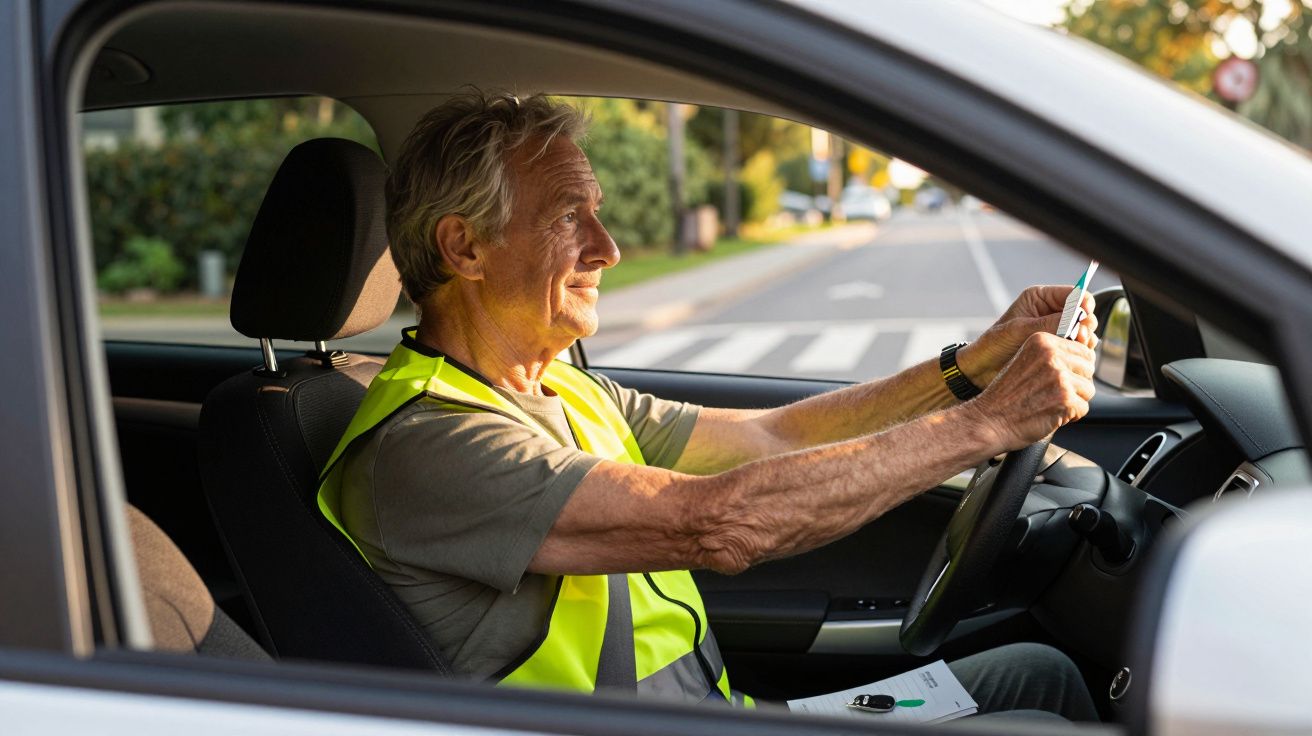 Homem idoso a conduzir um carro numa rua, usando colete refletor e segurando o volante à luz do dia.