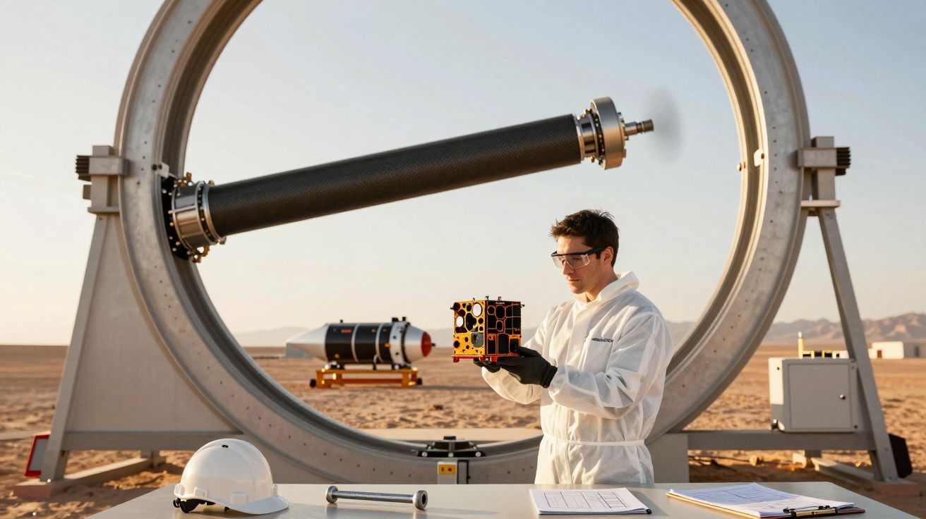 Cientista examina satélite em laboratório ao ar livre no deserto, com estrutura circular no fundo.