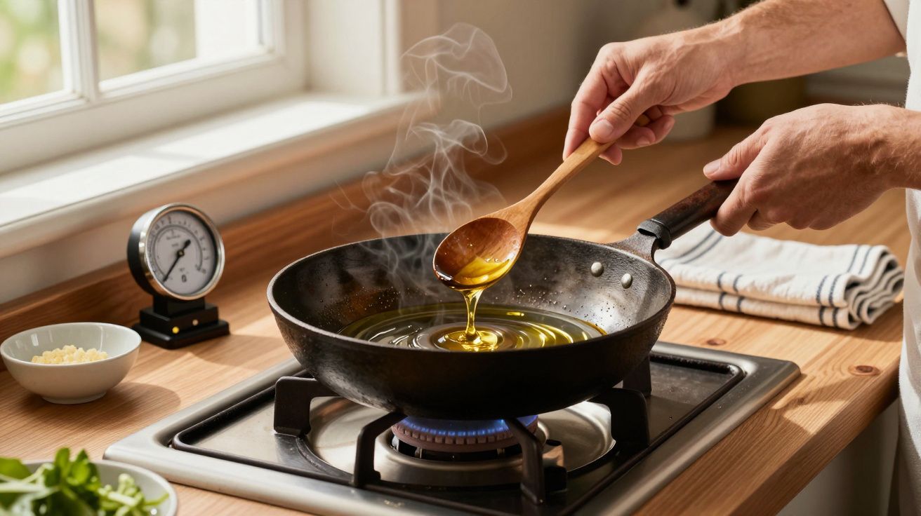 Mão segura colher de madeira com azeite sobre frigideira quente ao lume; temporizador e ingredientes ao fundo.