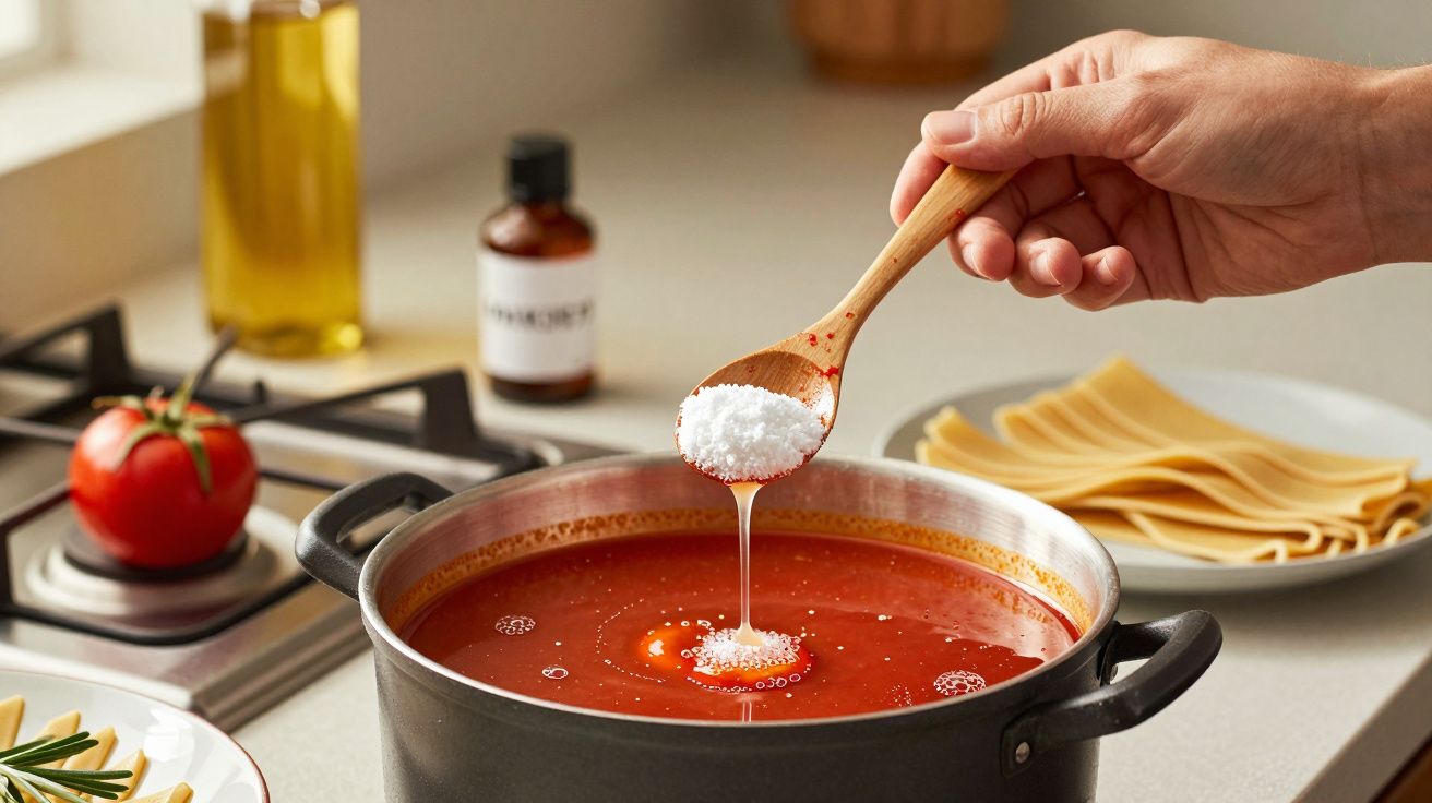 Mão adiciona sal a molho de tomate em panela, com ingredientes ao redor numa bancada de cozinha.