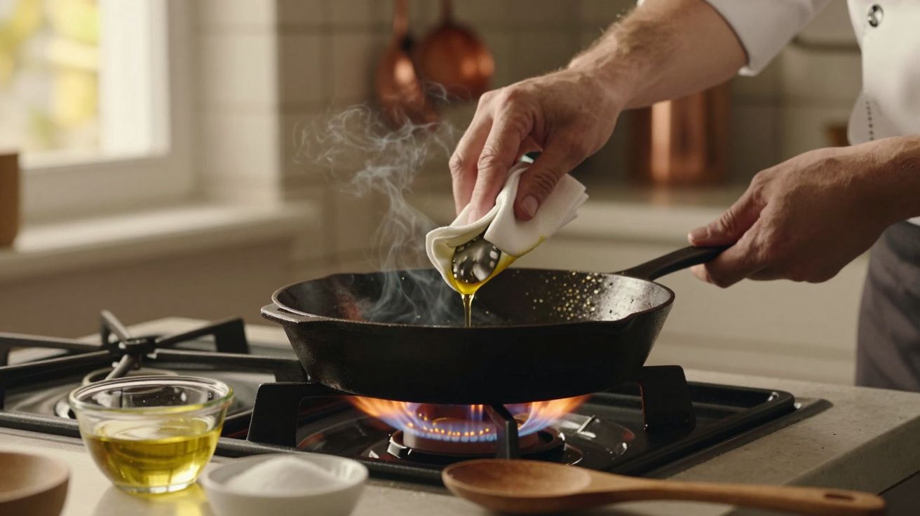 Pessoa a verter azeite numa frigideira quente ao lume, com utensílios de cozinha ao lado.