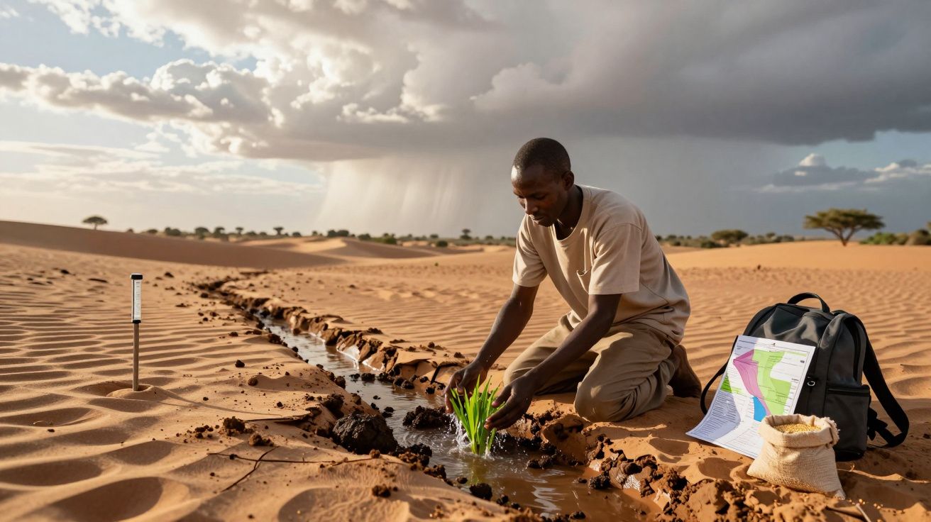Homem planta mudas em solo arenoso com sacola e mapas ao lado, tempestade ao fundo no deserto.