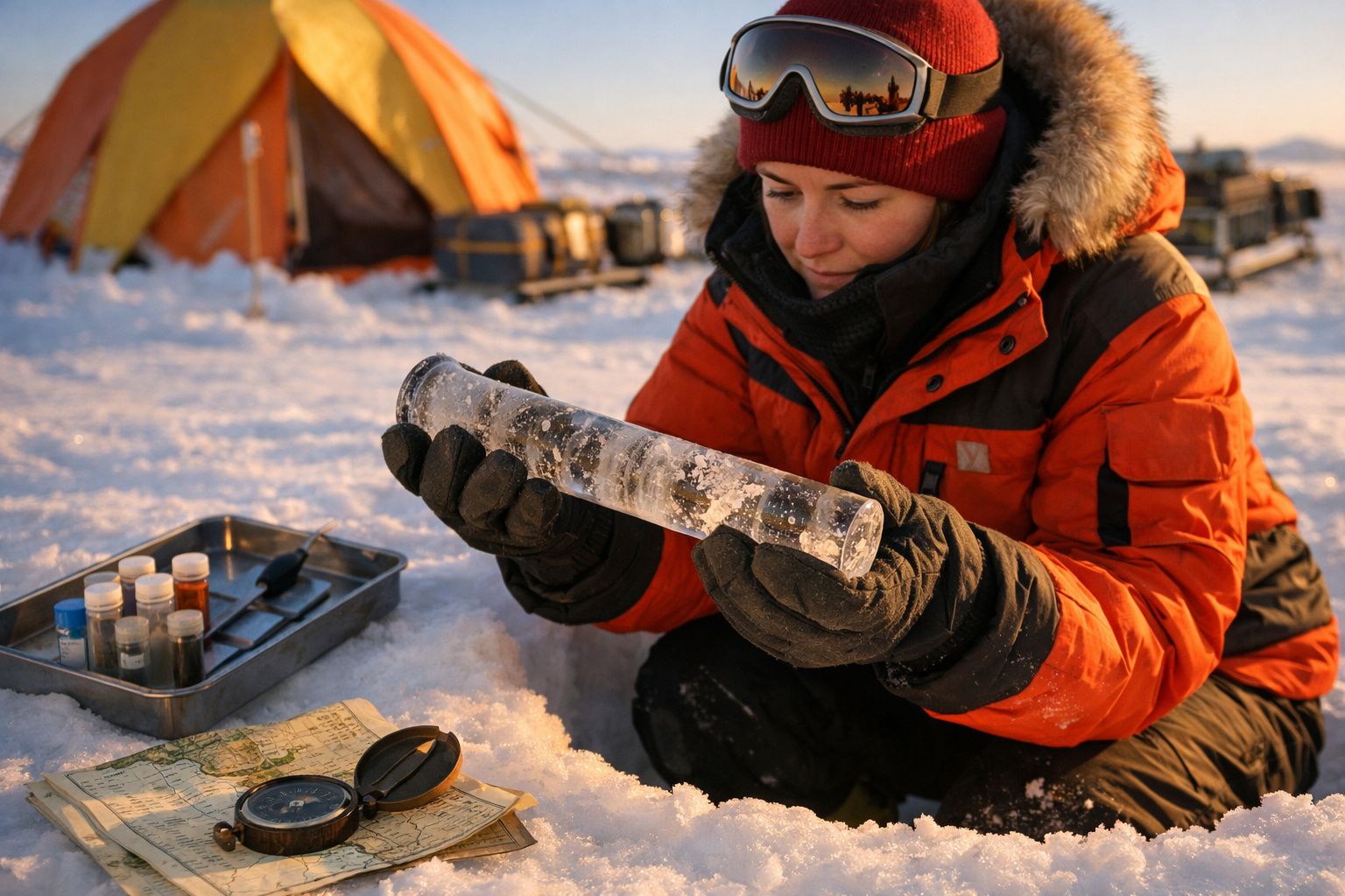 Cientista em casaco vermelho analisa amostra de solo ao lado de um buraco no gelo, com equipamento e cadernos ao redor.