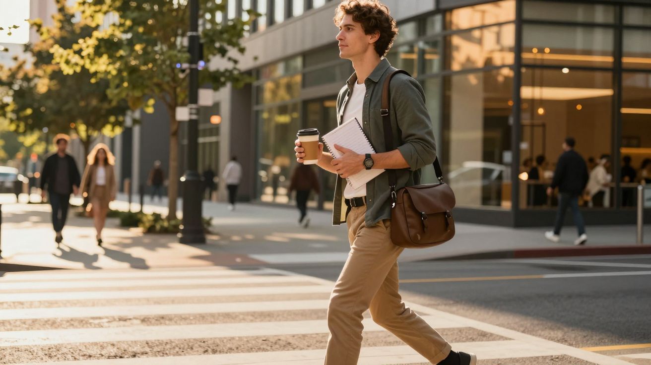 Homem a atravessar a rua com café e caderno na mão, numa cidade movimentada durante o dia.