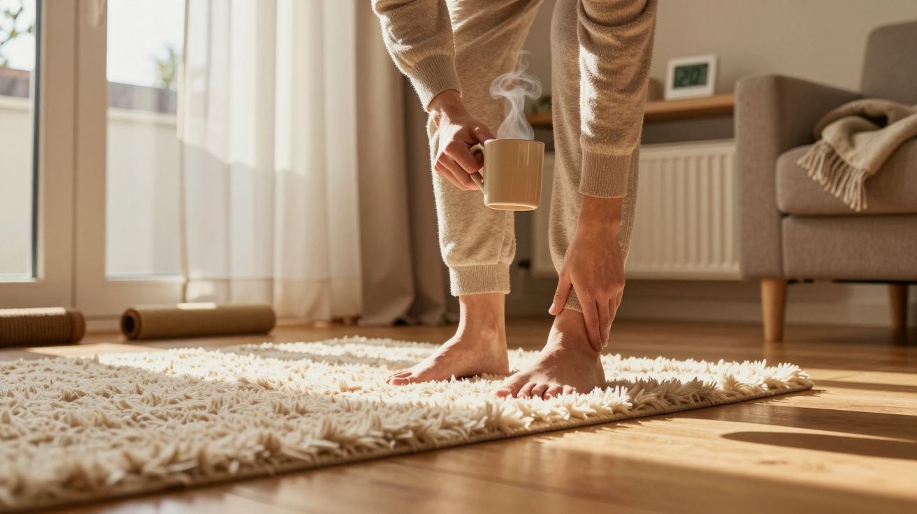 Pessoa de pijama segurando caneca quente numa sala com tapete felpudo e luz natural.