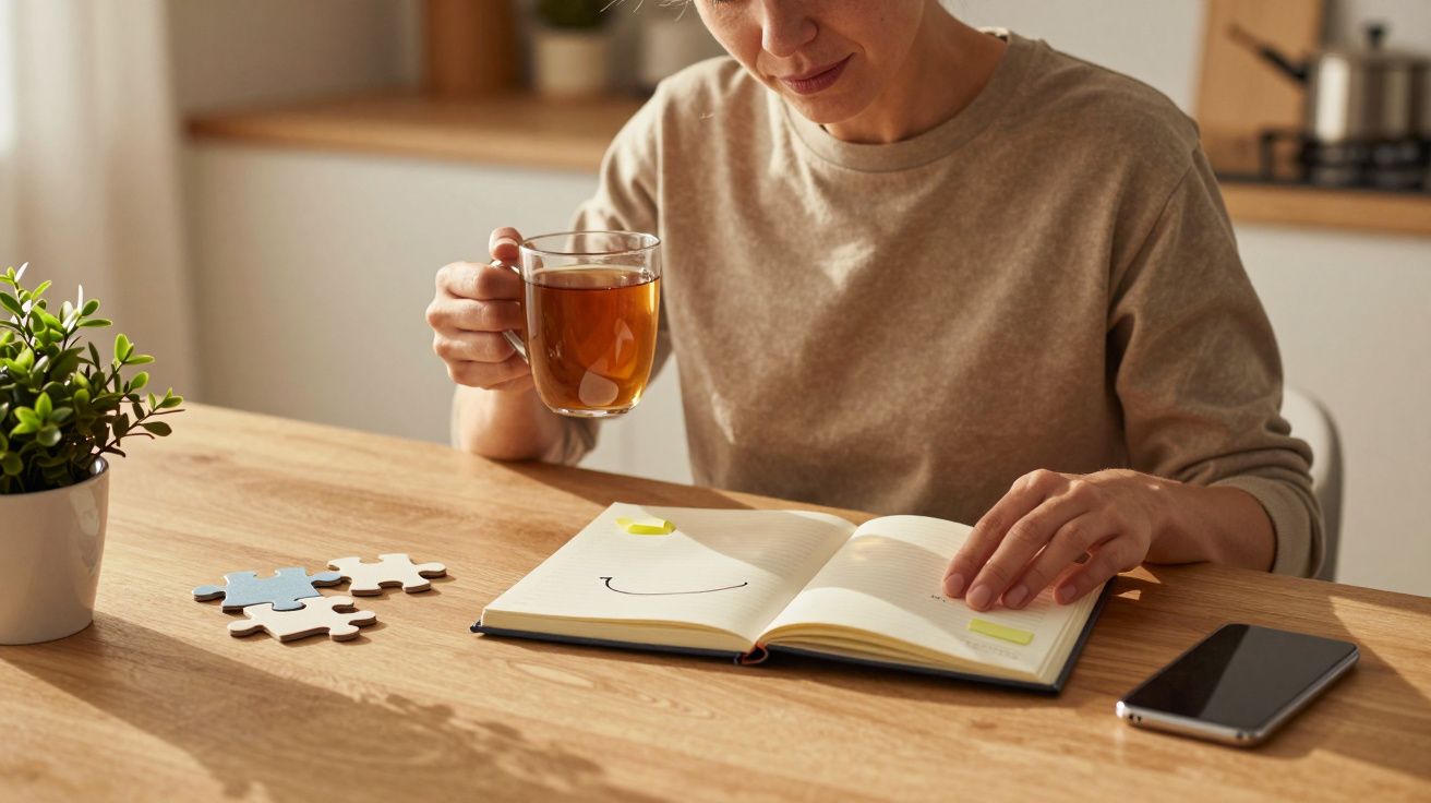 Mulher segura chá e lê livro em mesa de madeira com puzzle, planta e telemóvel.