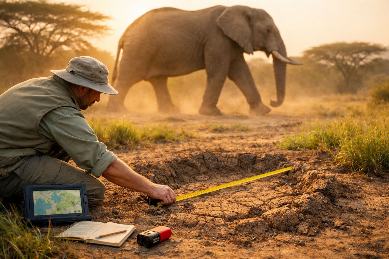 Elefante em savana africana; investigador com tablet e fita métrica, fotógrafo e jipe ao fundo.