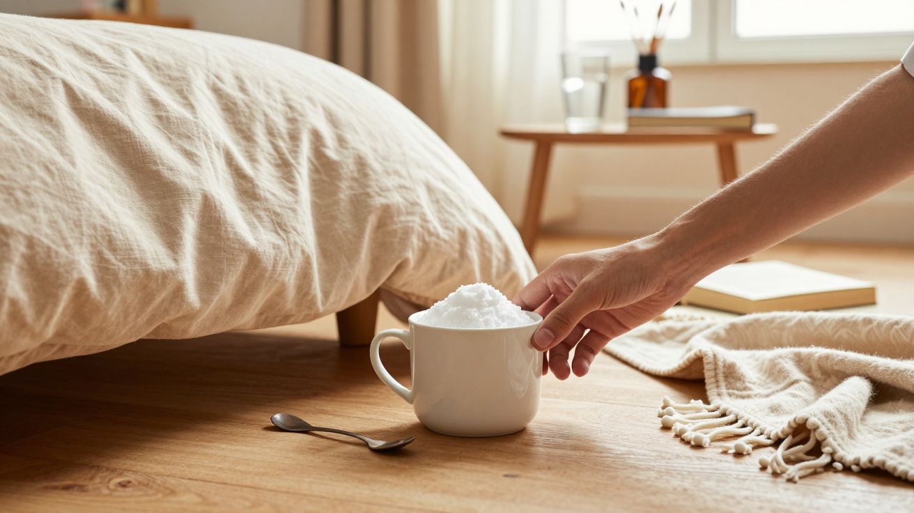 Mão segurando uma caneca de espuma ao lado de uma cama. Cama bege, colher no chão e mesa de madeira ao fundo.