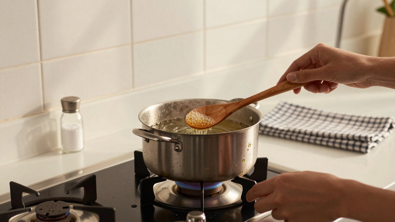 Pessoa cozinha numa panela de aço inoxidável em lume médio, mexendo com colher de pau numa cozinha moderna.