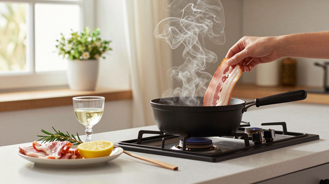 Fogão a gás com bacon a fritar numa frigideira. Ao lado, um copo de vinho e um prato com limão e alecrim.