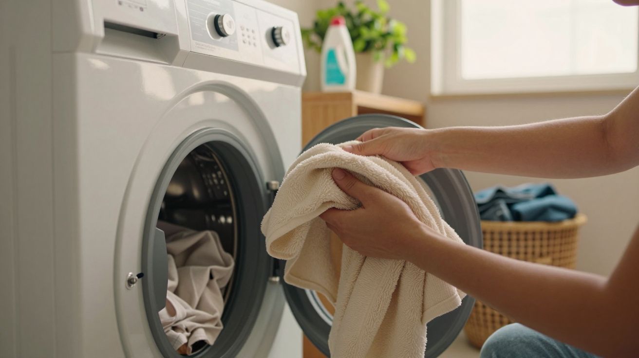 Pessoa retira toalha de uma máquina de lavar roupa aberta, com cesta de roupa ao fundo.