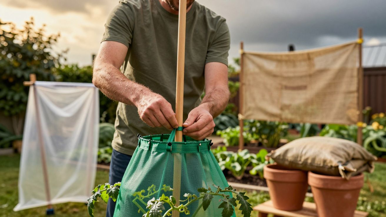 Homem cuidando de plantas em estufa caseira, ao ar livre, em jardim com vasos e verduras ao fundo.