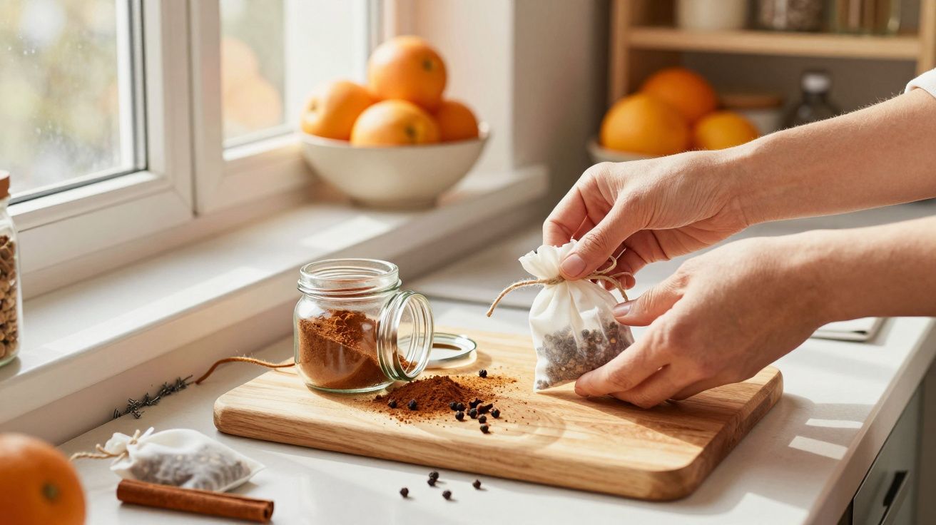 Mãos a preparar saco de tecido com especiarias em tábua de cozinha, perto de frasco aberto, com laranjas ao fundo.