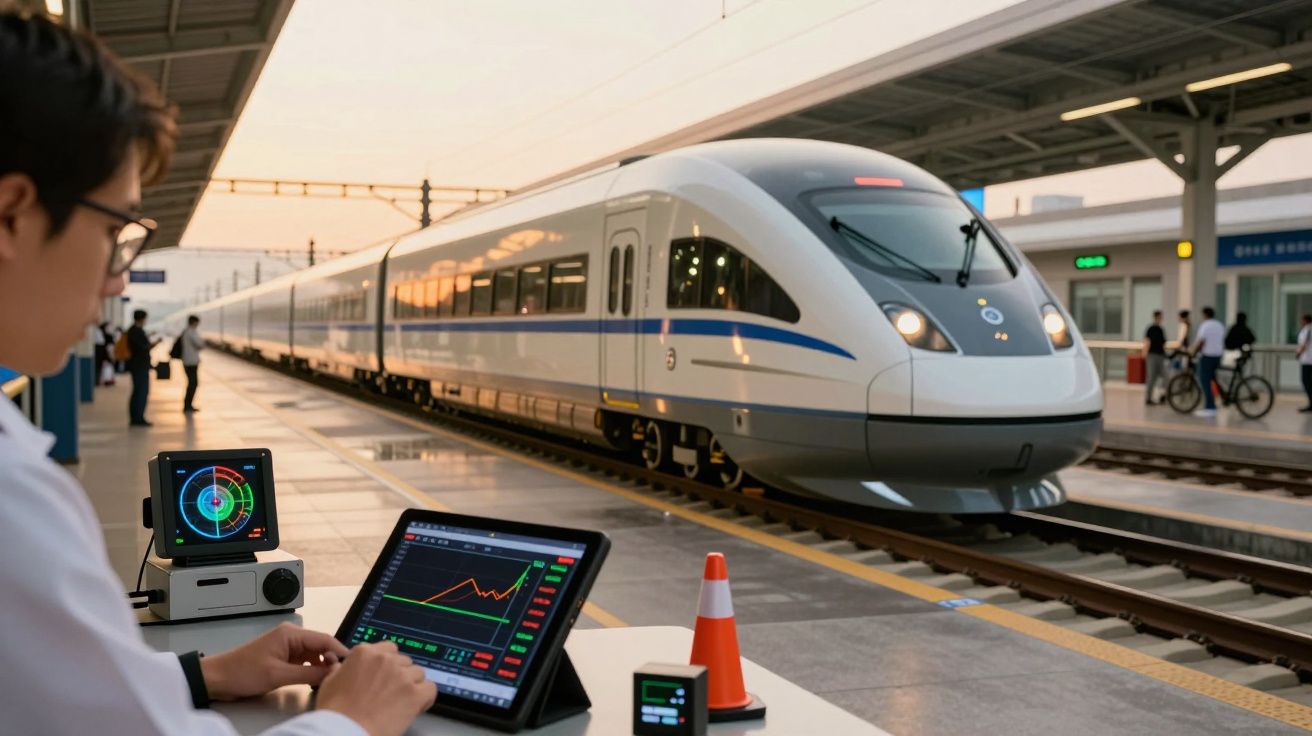 Pessoa monitoriza dados num tablet numa estação enquanto um comboio de alta velocidade aproxima-se da plataforma.