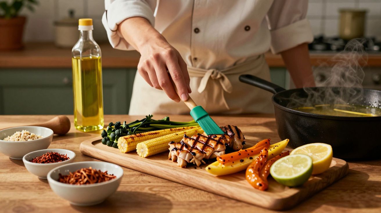 Pessoa a pincelar frango grelhado com vegetais numa tábua de madeira, com azeite e especiarias.