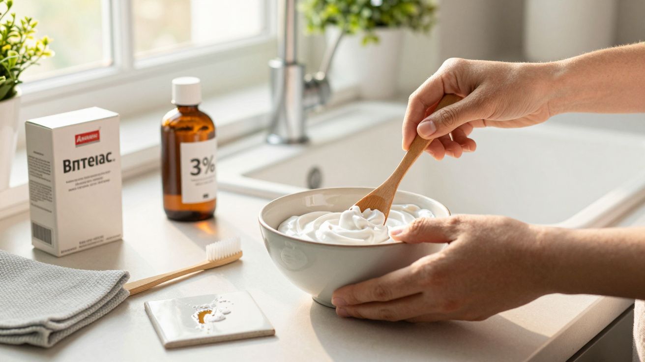 Mãos mexendo creme numa tigela, com frasco de solução e caixa ao fundo, numa bancada de cozinha iluminada.