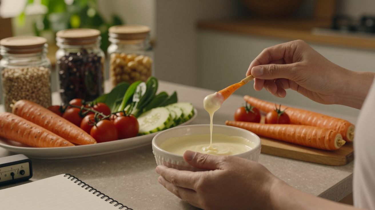 Mão mergulhando cenoura em molho numa cozinha com legumes e frascos de ingredientes ao fundo.
