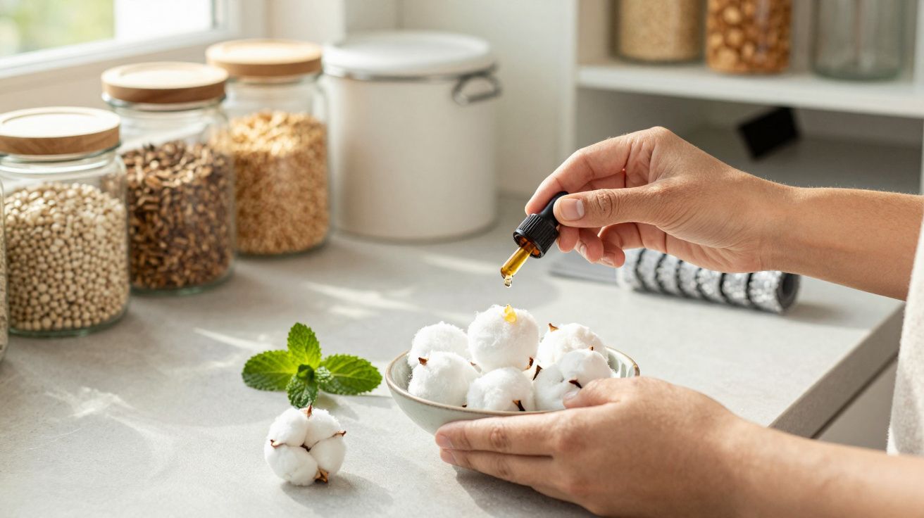 Mãos aplicando óleo essencial em algodão num prato, com frascos e ervas ao fundo numa bancada de cozinha.
