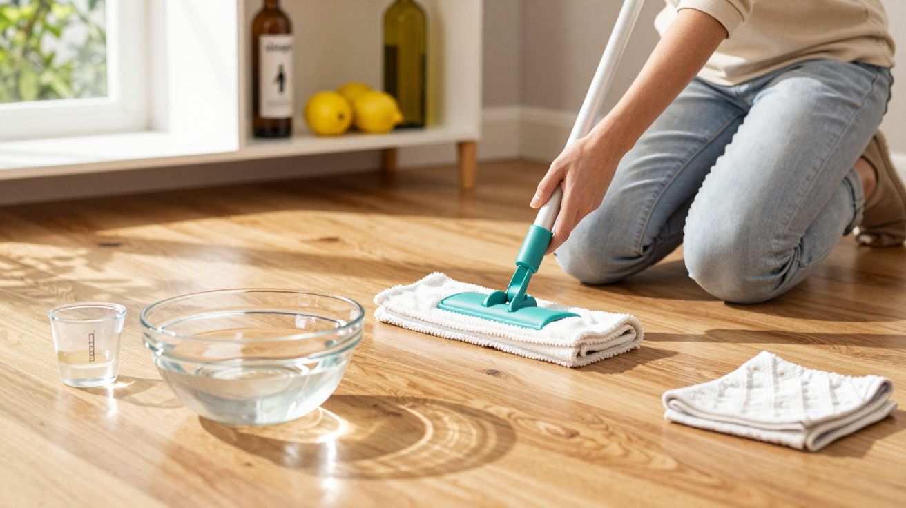 Pessoa a limpar o chão com esfregona, perto de uma tigela de água e detergente.