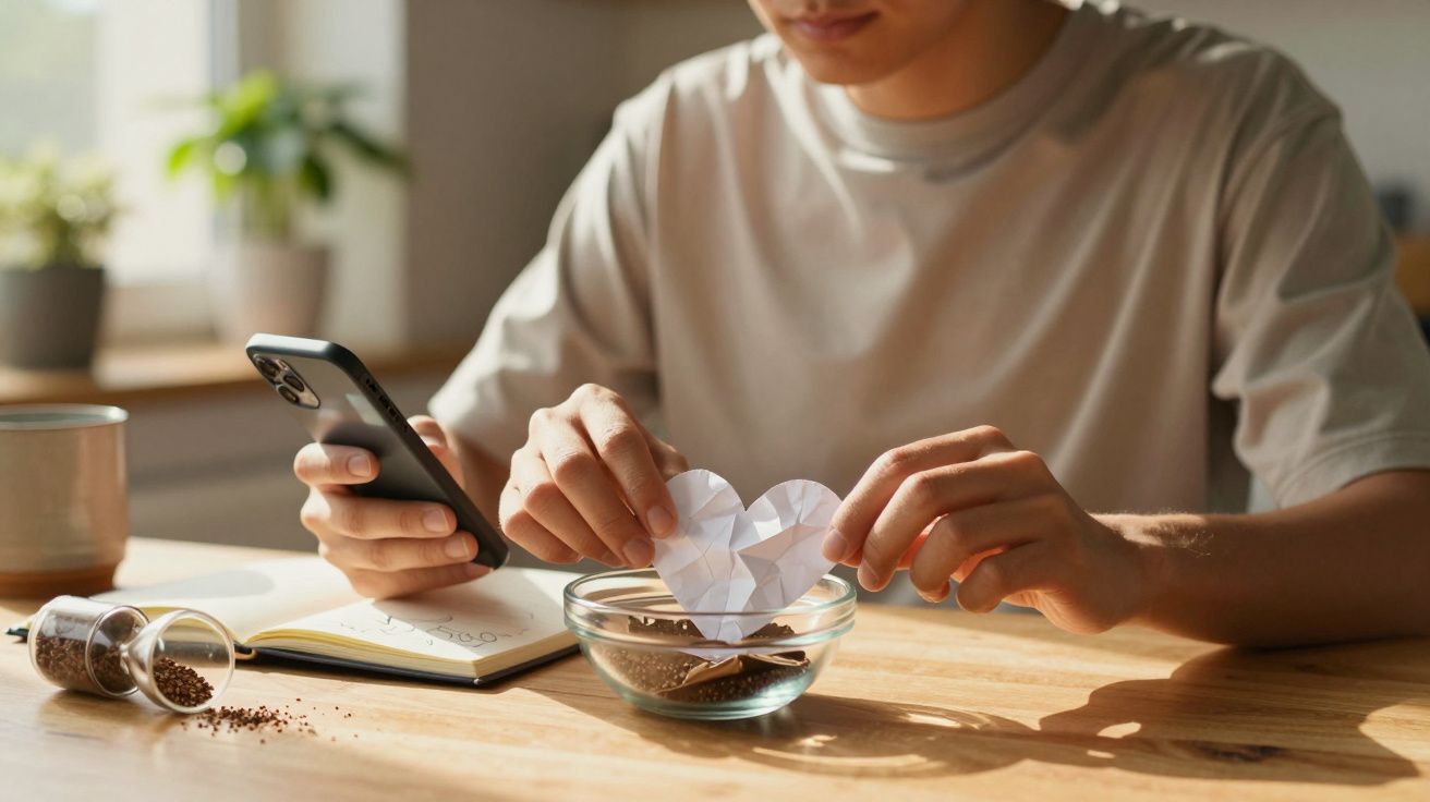 Pessoa segura telemóvel e coração de papel sobre taça com café, numa mesa com caderno e frasco derramado.