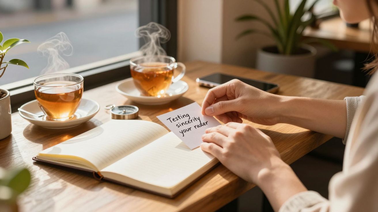 Mãos segurando nota sobre caderno aberto numa mesa com chávenas de chá fumegantes.
