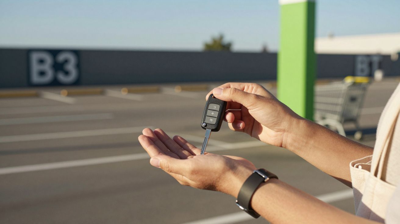 Mão segurando chave de carro num parque de estacionamento vazio, com um carrinho de compras ao fundo.