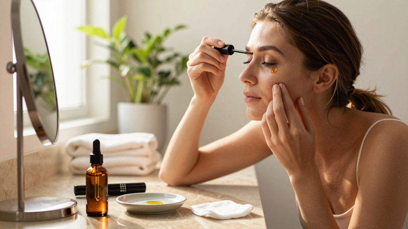 Mulher aplica sérum facial ao espelho numa casa de banho iluminada, com plantas ao fundo.