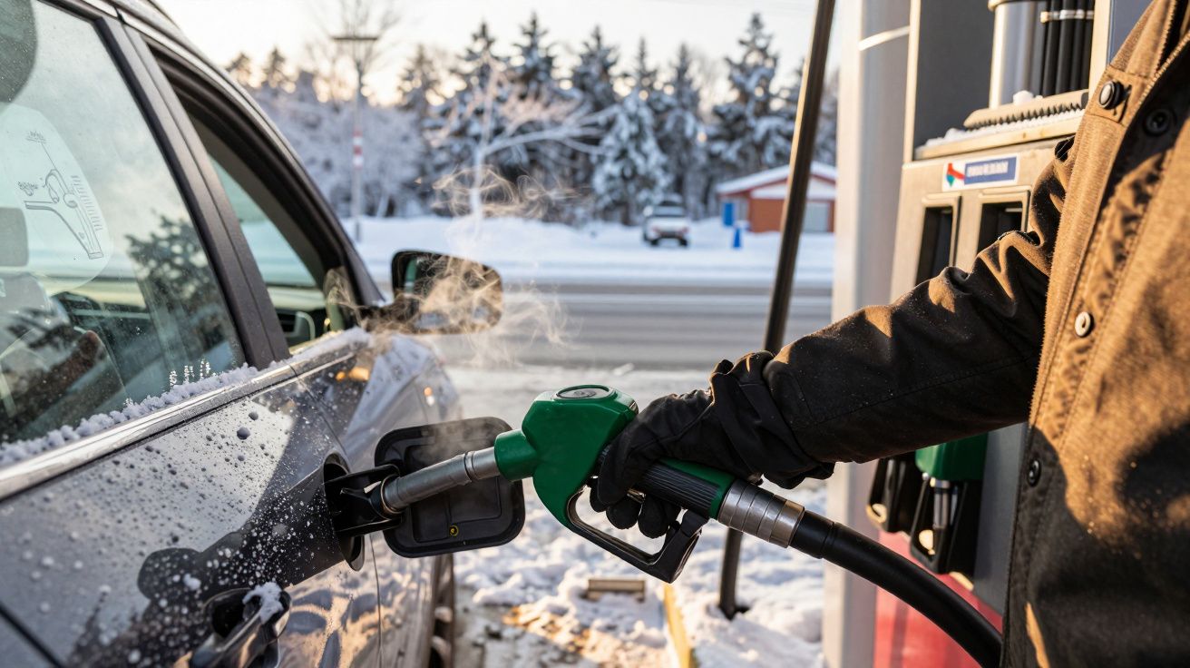 Carro a ser abastecido com combustível numa estação de serviço, com neve ao fundo.