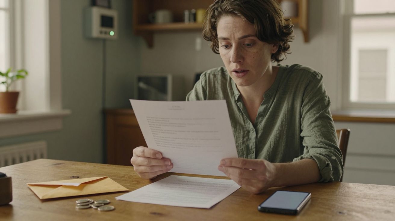 Pessoa sentada à mesa, lendo uma folha de papel com um telefone, moedas e um envelope ao lado.